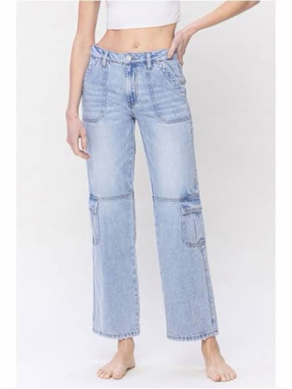 Vervet by Flying Monkey High Rise Dad Cargo Jeans Light Wash T5935 Relaxed Sz 29